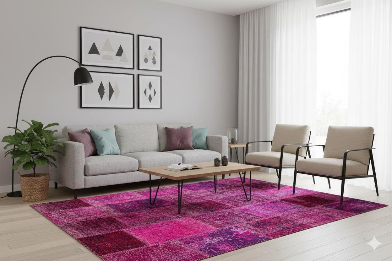 Handmade Pink Patchwork Rug: Modern Bohemian Wool Area Rug (5.8x8.4 ft)