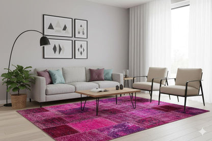 Handmade Pink Patchwork Rug: Modern Bohemian Wool Area Rug (5.8x8.4 ft)