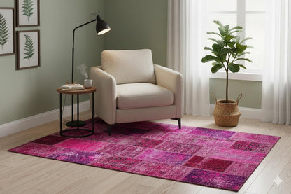 Handmade Pink Patchwork Rug: Modern Bohemian Wool Area Rug (5.8x8.4 ft)