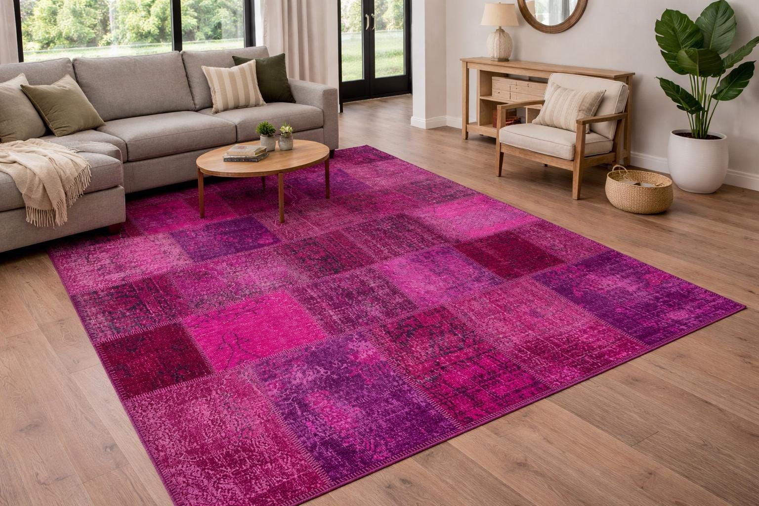 Handmade Pink Patchwork Rug: Modern Bohemian Wool Area Rug (5.8x8.4 ft)