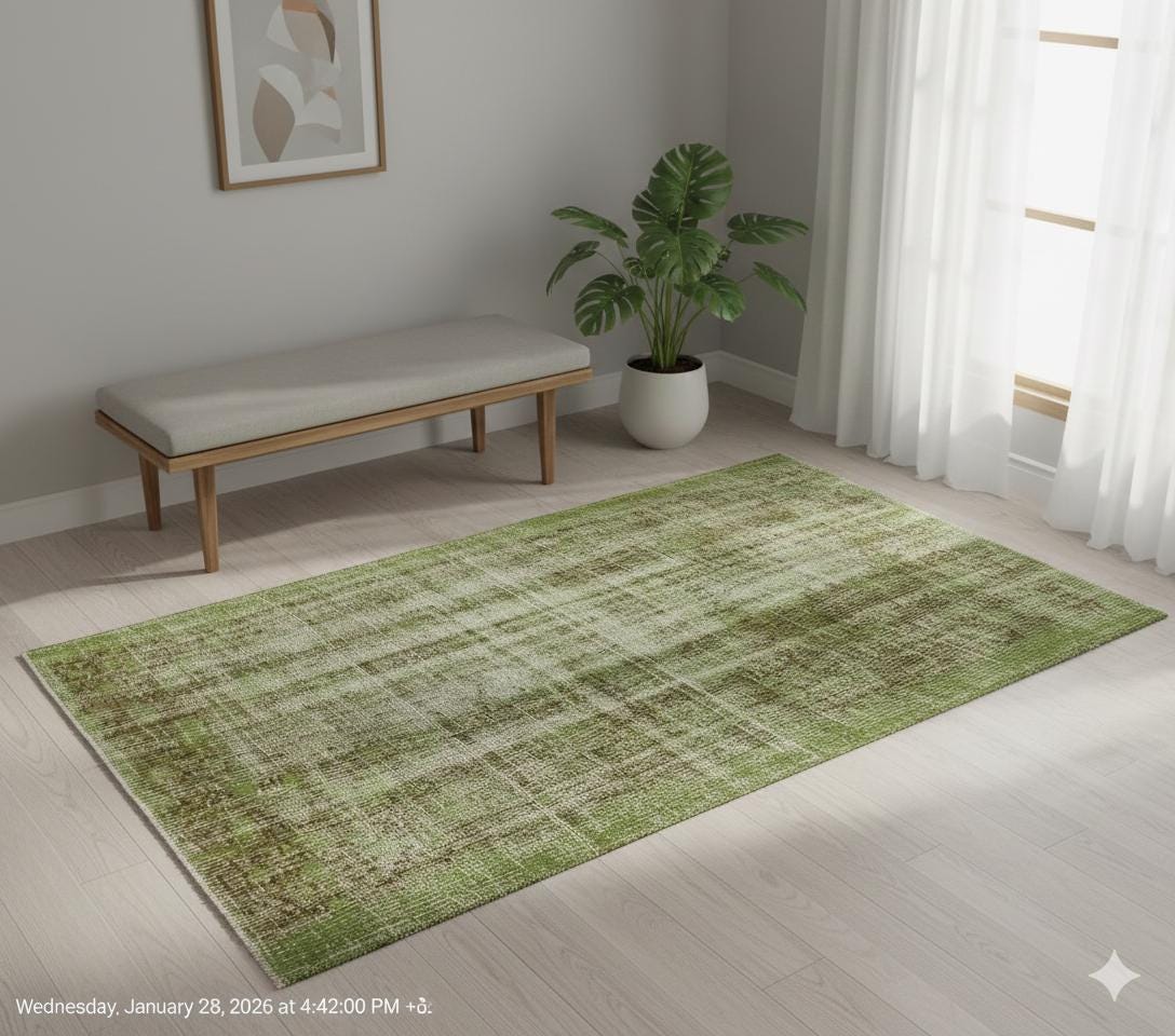 Vintage Green Wool Rug: Handmade Turkish Area Rug (3'x5'7")