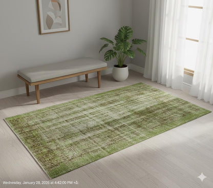 Vintage Green Wool Rug: Handmade Turkish Area Rug (3'x5'7")