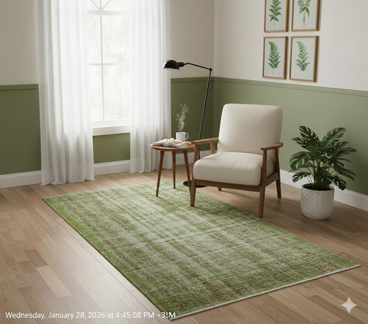 Vintage Green Wool Rug: Handmade Turkish Area Rug (3'x5'7")