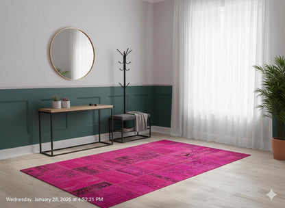 Handmade Pink Patchwork Rug: Bohemian Wool Area Rug (5'x8' ft)
