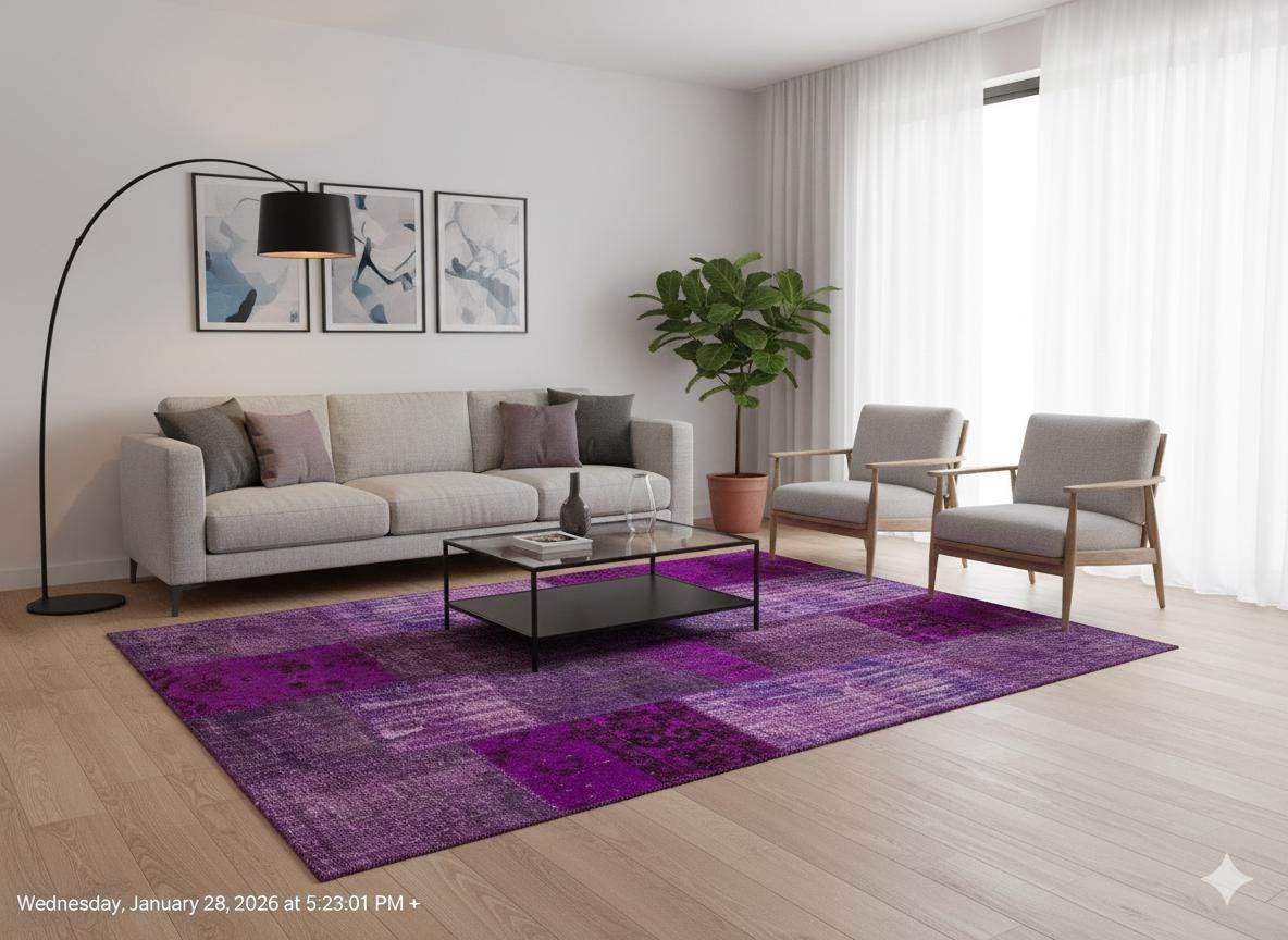 Handmade Purple Patchwork Rug: Bohemian Wool Area Rug (5'x8' ft)