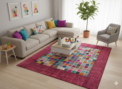 Handmade Patchwork Turkish Rug: Bohemian Wool Area Rug (5'x8' ft)