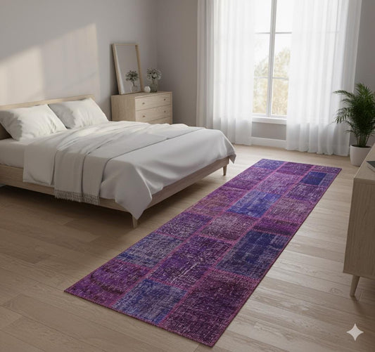 Handmade Purple Patchwork Runner Rug: Bohemian Wool Carpet (2.6x9.8 ft)