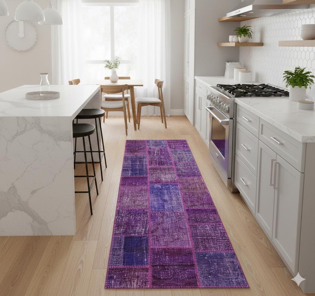 Handmade Purple Patchwork Runner Rug: Bohemian Wool Carpet (2.6x9.8 ft)