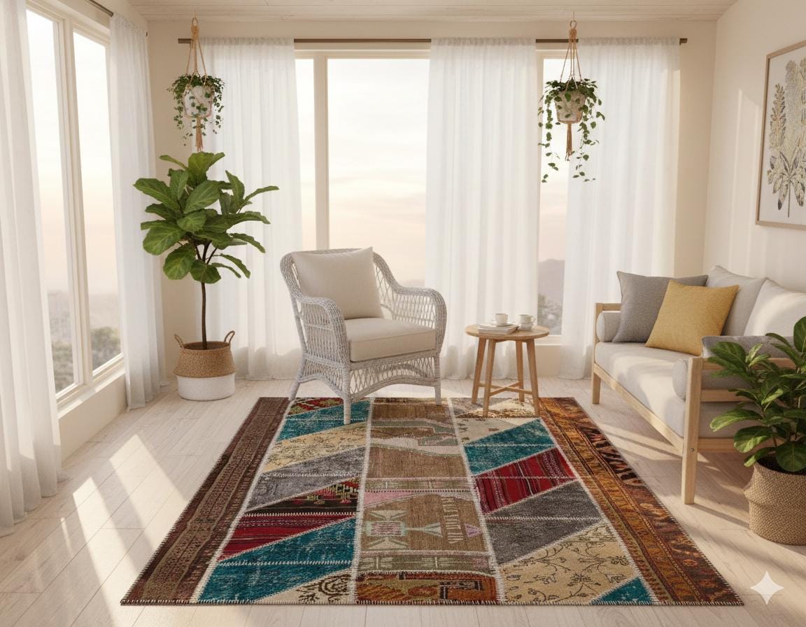 Handmade Wool Patchwork Rug: 5x7.5 ft Bohemian Turkish Rug