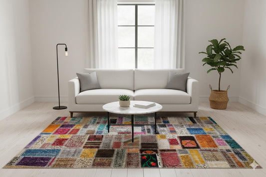 Handmade Wool Patchwork Rug: 5'x8' Bohemian Turkish Rug