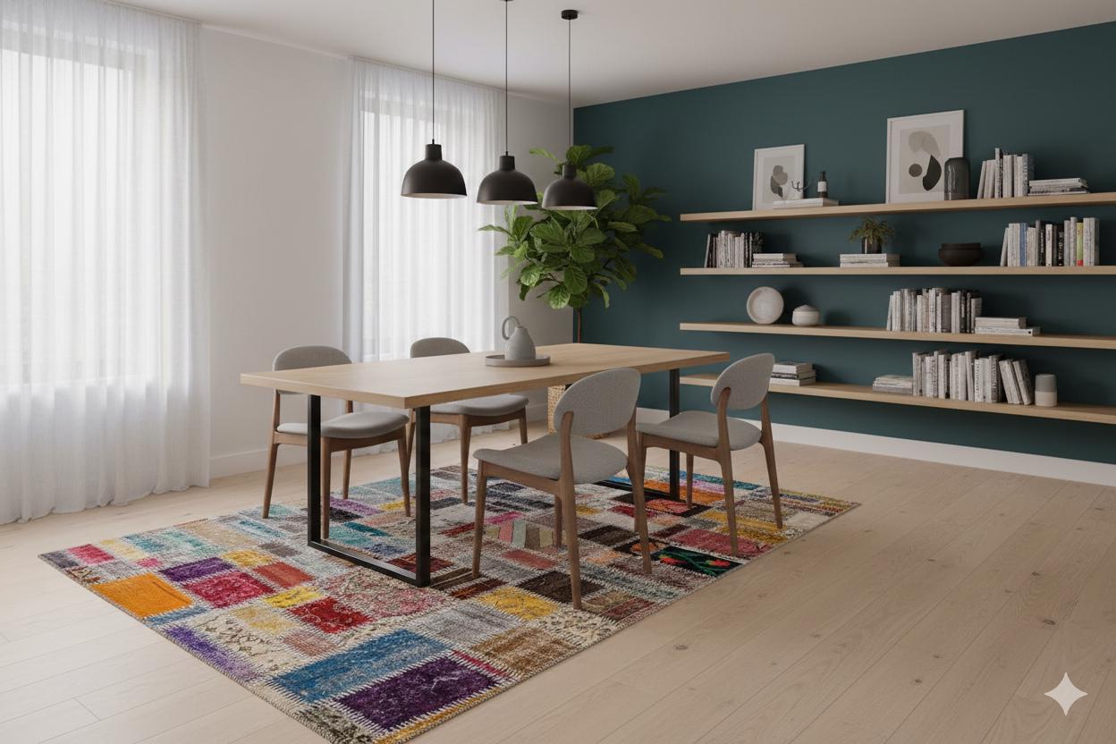 Handmade Wool Patchwork Rug: 5'x8' Bohemian Turkish Rug