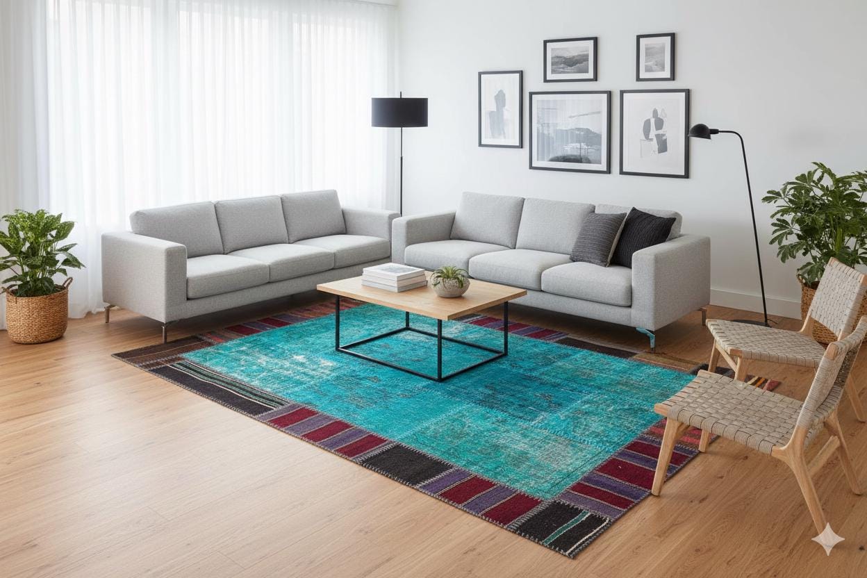 Handmade Wool Patchwork Turkish Rug: 5.2x7.5 ft, Bohemian Area Rug