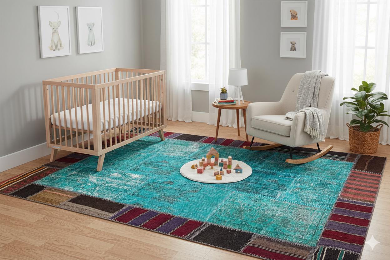 Handmade Wool Patchwork Turkish Rug: 5.2x7.5 ft, Bohemian Area Rug