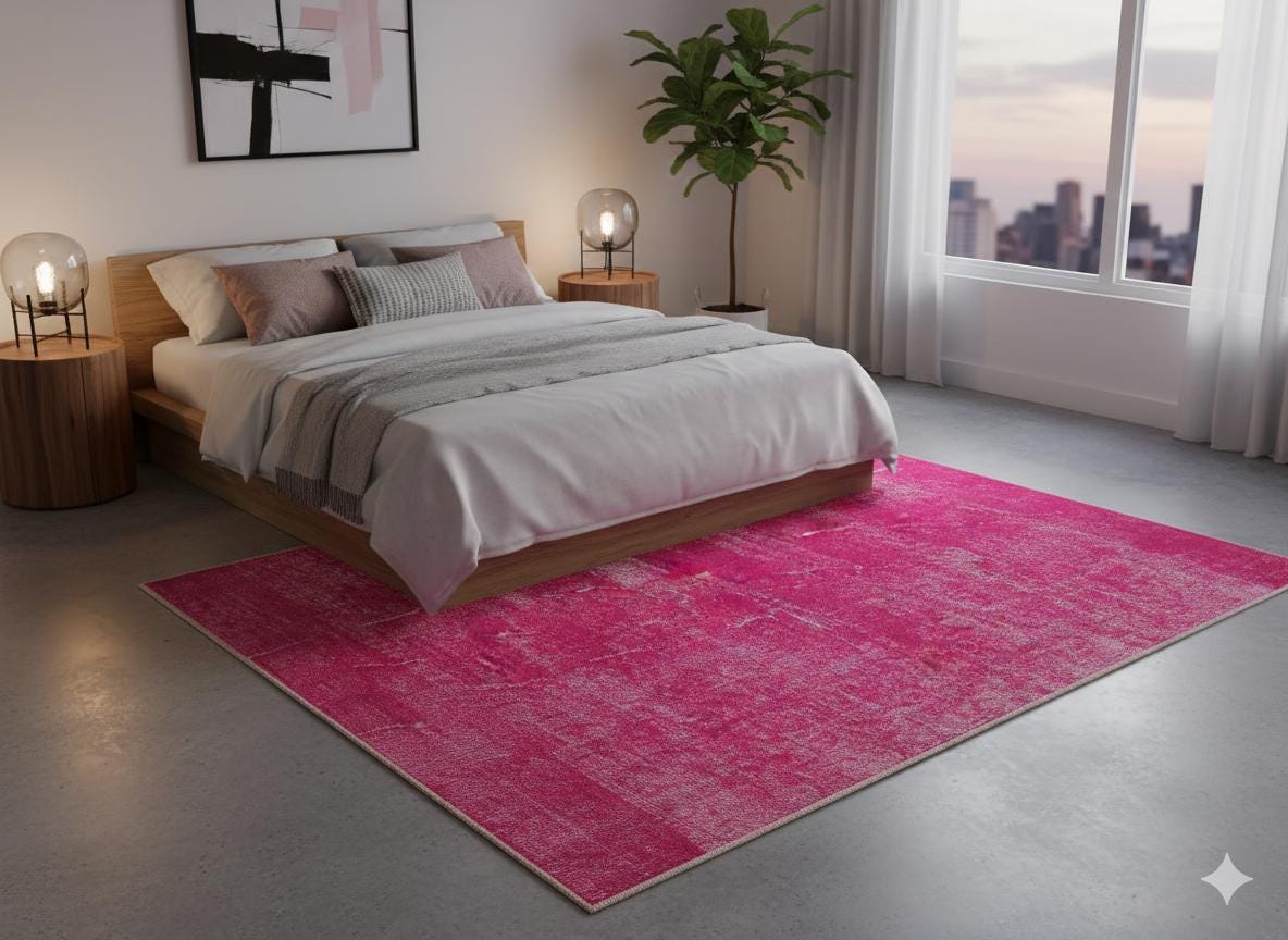 Handmade Pink Wool Rug: Vintage carpet (3'6''x4'11''ft)