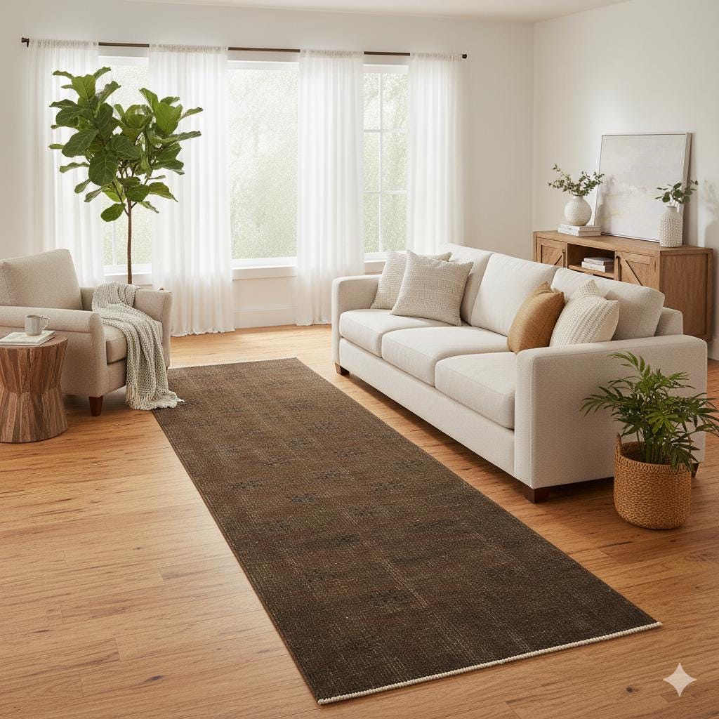 Vintage Anatolian brown Wool Runner Rug: Bohemian Eclectic Style (2.8x9'4'' ft)