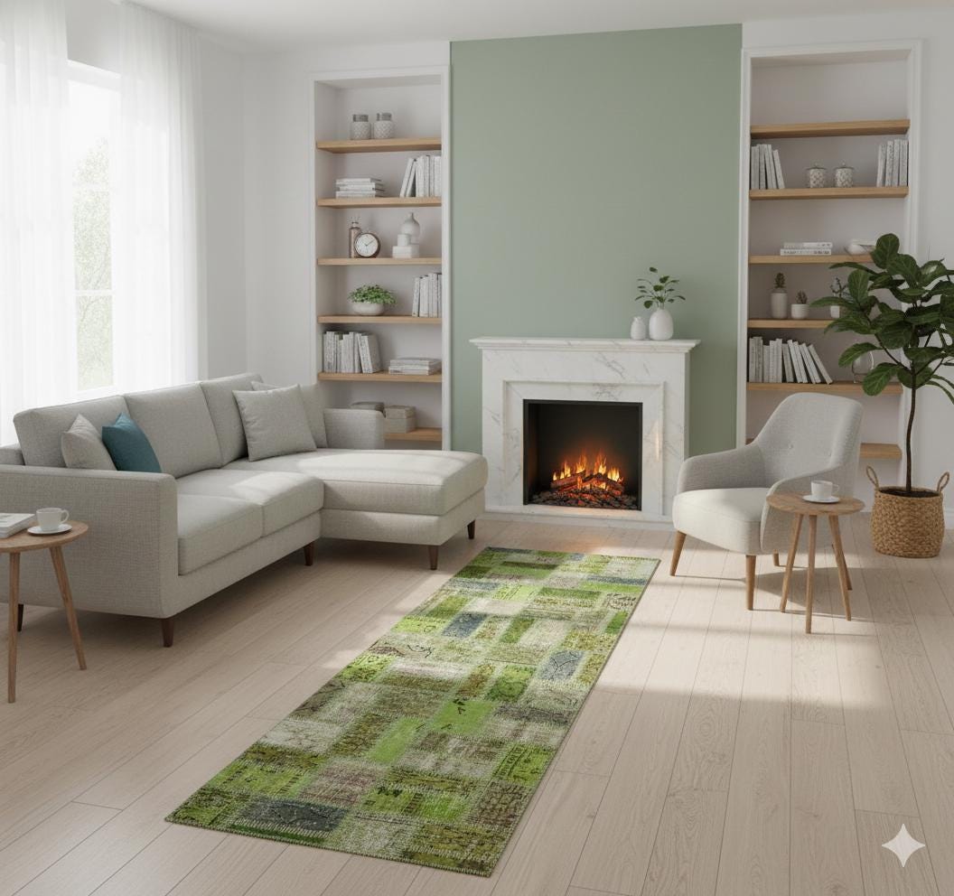 Handmade Green Patchwork Wool Runner Rug - 3.1x9.7 ft