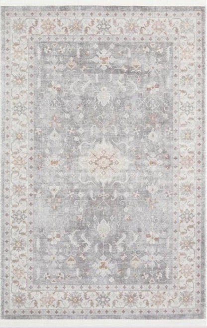 Gray Turkish Style Rug: Floral Medallion, Ivory Border