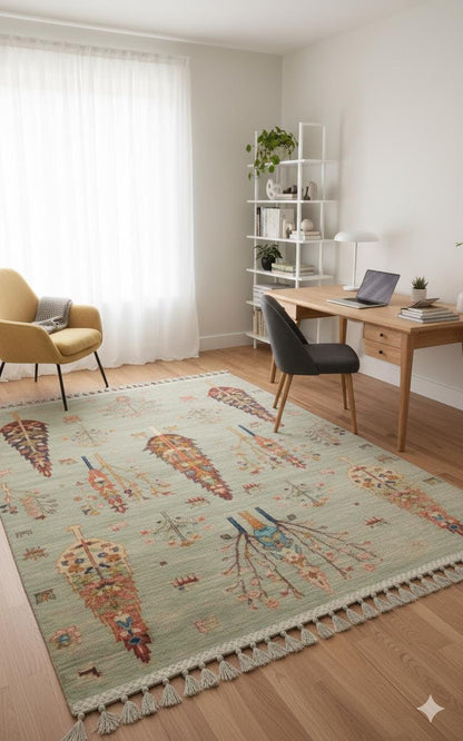 Beige Vintage Rug: Washable Living Room Rug with Tassels