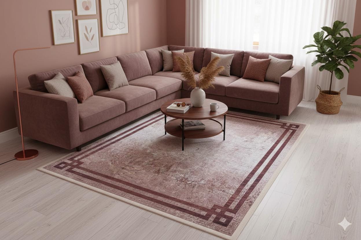 Distressed Greek Key Border Rug – Washable Terracotta Cream Faded Antique Carpet