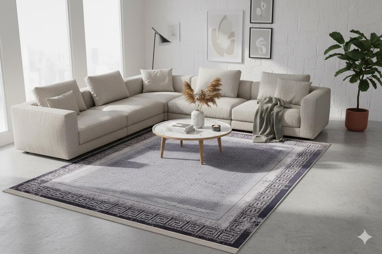 Distressed Persian Style Rug – Blue Grey Greek Key Border, Washable Boho Carpet