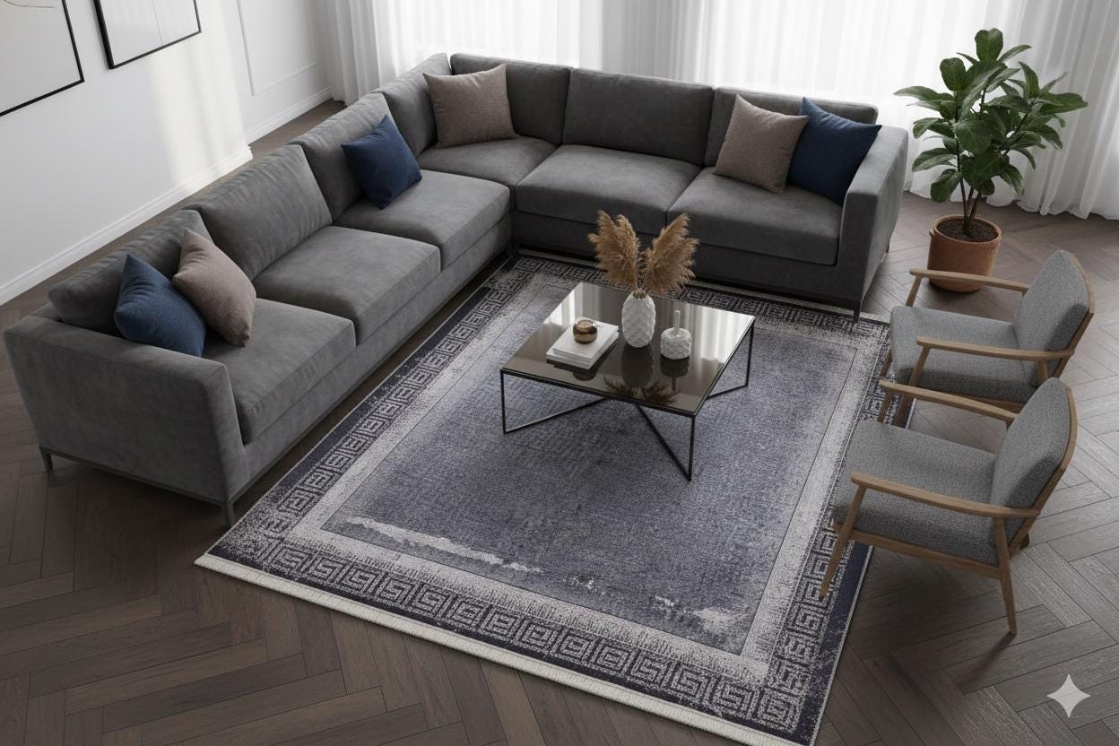Distressed Persian Style Rug – Blue Grey Greek Key Border, Washable Boho Carpet