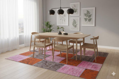 Handmade Pink Patchwork Wool Rug: Bohemian Turkish Area Rug