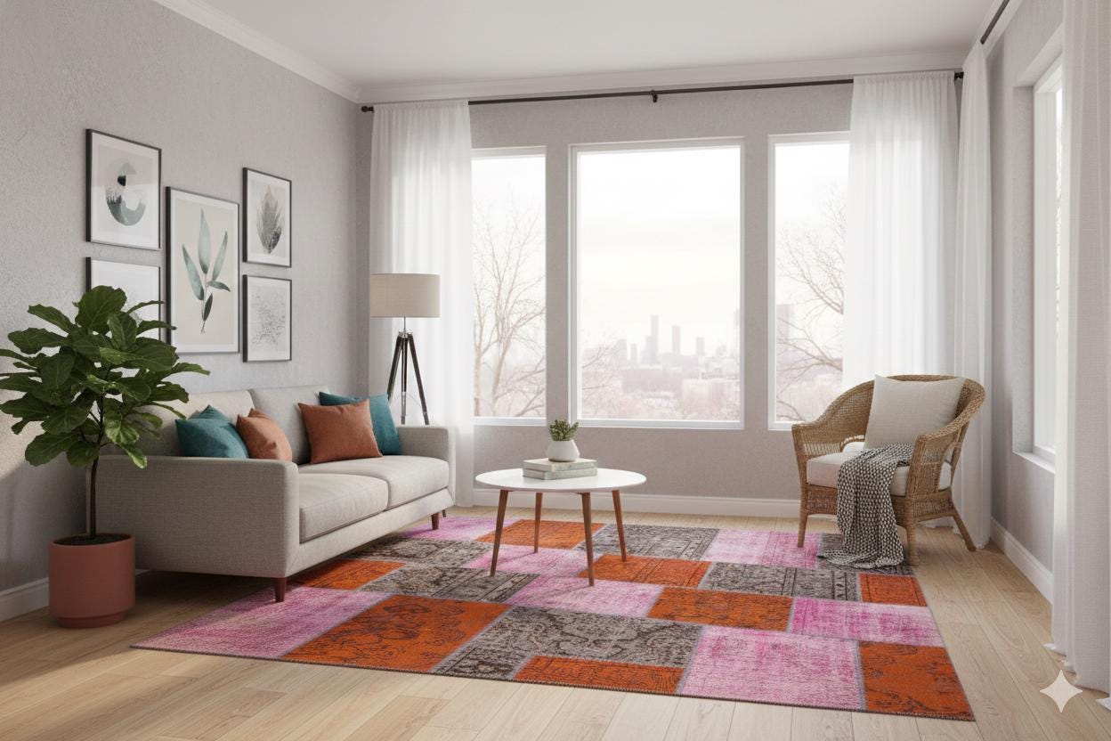 Handmade Pink Patchwork Wool Rug: Bohemian Turkish Area Rug