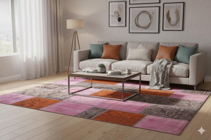 Handmade Pink Patchwork Wool Rug: Bohemian Turkish Area Rug