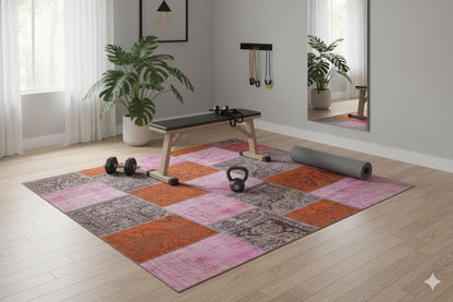 Handmade Pink Patchwork Wool Rug: Bohemian Turkish Area Rug