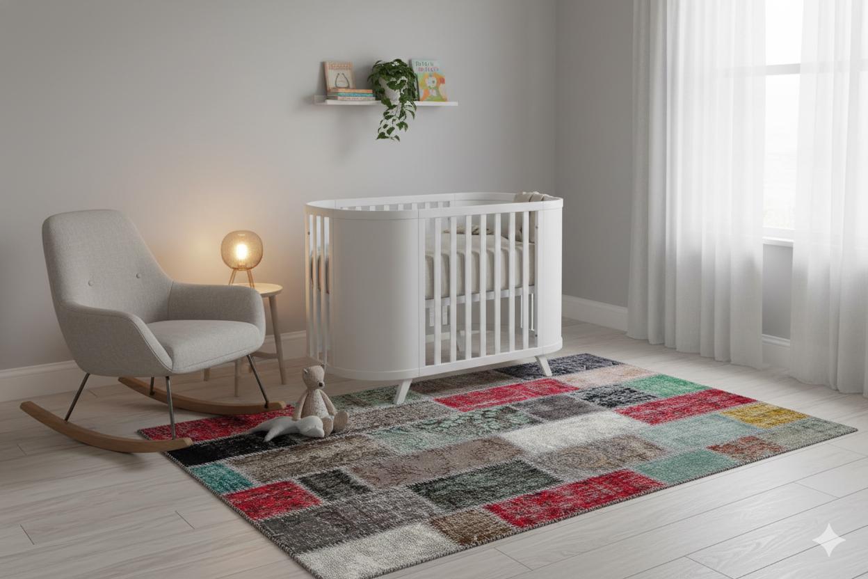 Handmade Wool Patchwork Rug: Bohemian Turkish Area Rug (5.6x7.7 ft)