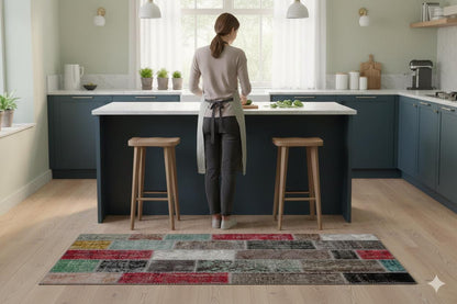 Handmade Wool Patchwork Rug: Bohemian Turkish Area Rug (5.6x7.7 ft)