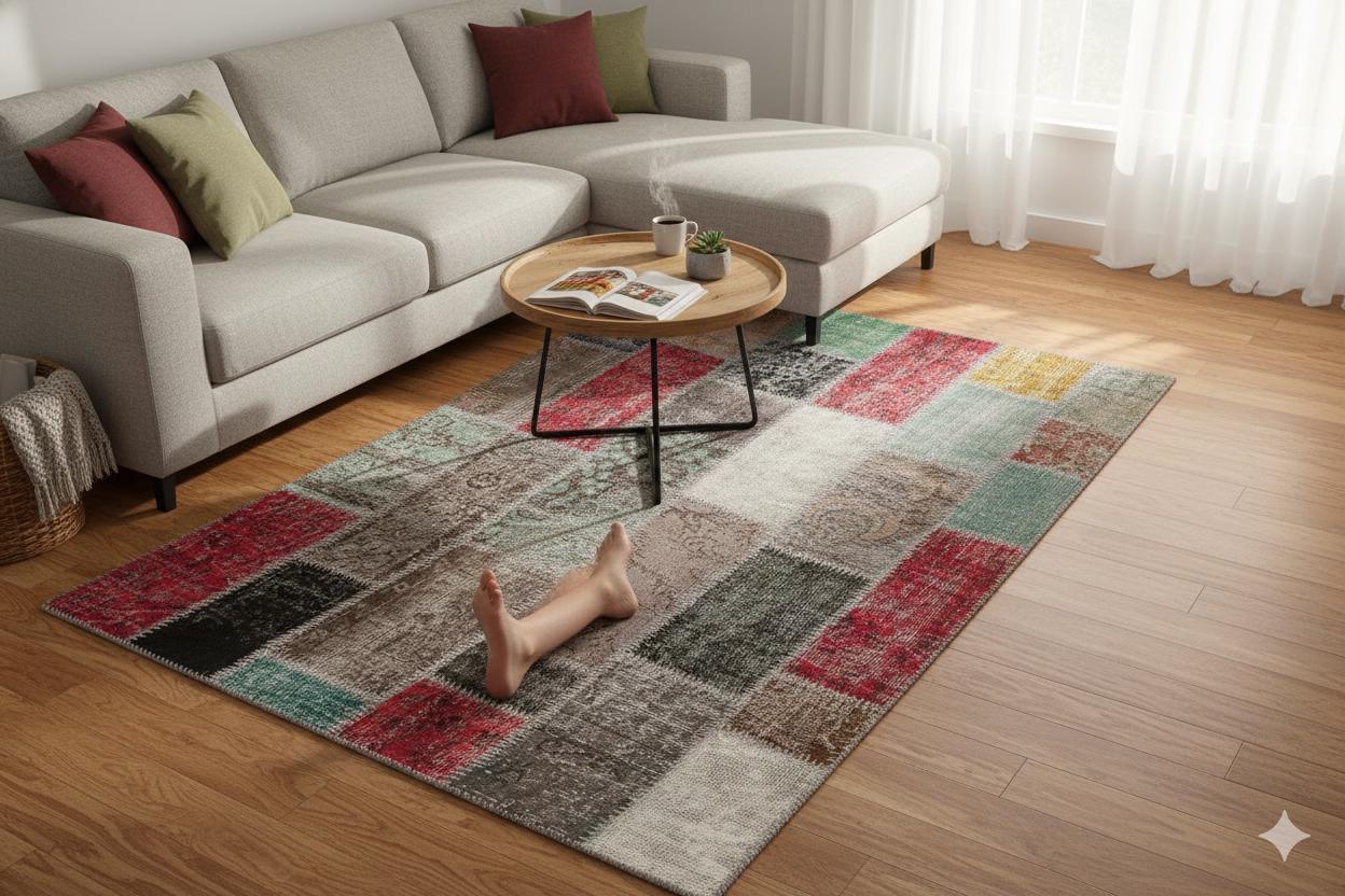 Handmade Wool Patchwork Rug: Bohemian Turkish Area Rug (5.6x7.7 ft)