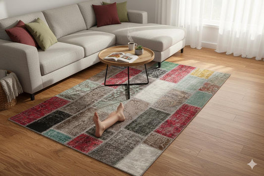 Handmade Wool Patchwork Rug: Bohemian Turkish Area Rug (5.6x7.7 ft)