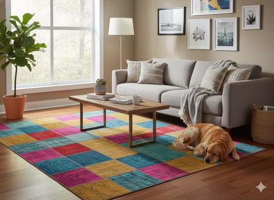 Handmade Wool Patchwork Turkish Rug: Bohemian Area Rug (6.9x9.8 ft)