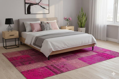 Handmade Pink Patchwork Rug: Bohemian Wool Area Rug (6.6x9.8 ft)