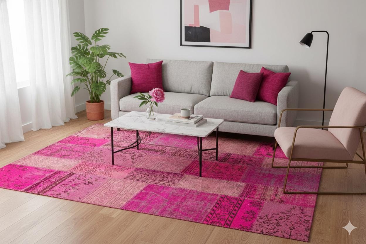 Handmade Pink Patchwork Rug: Bohemian Wool Area Rug (6.6x9.8 ft)
