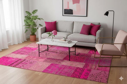 Handmade Pink Patchwork Rug: Bohemian Wool Area Rug (6.6x9.8 ft)