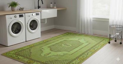 Vintage Green Wool Rug: Handmade Nursery Carpet (5'6"x10'ft)