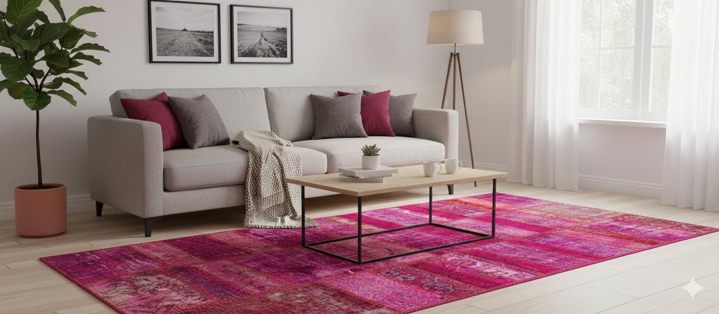 Handmade Pink Patchwork Runner Rug: Bohemian Wool Turkish Rug (3.5x7.9 ft)