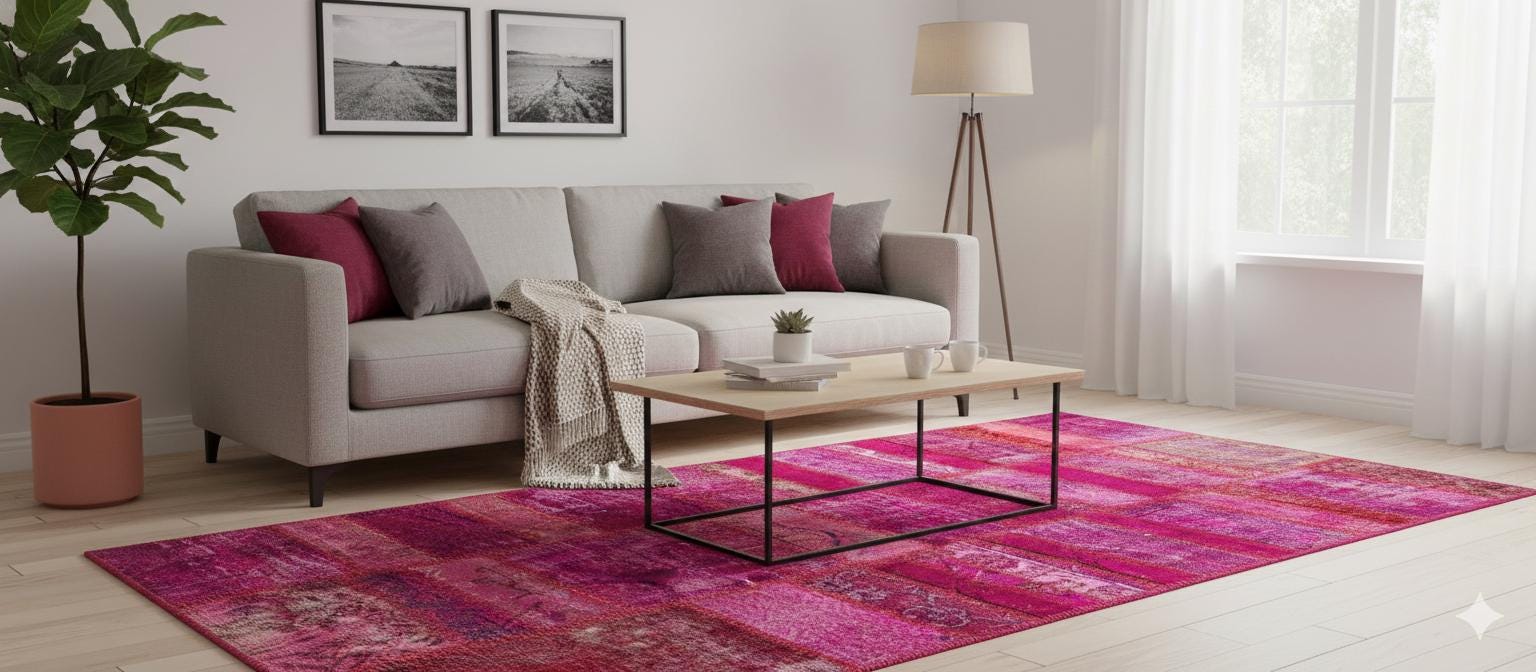 Handmade Pink Patchwork Runner Rug: Bohemian Wool Turkish Rug (3.5x7.9 ft)