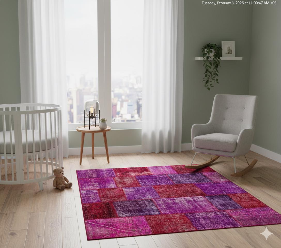 Handmade Purple Patchwork Wool Rug - Bohemian Turkish Rug (6'8''x7'7'')