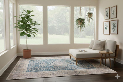 Blue Vintage Rug: Classic Washable Rug with Tassels