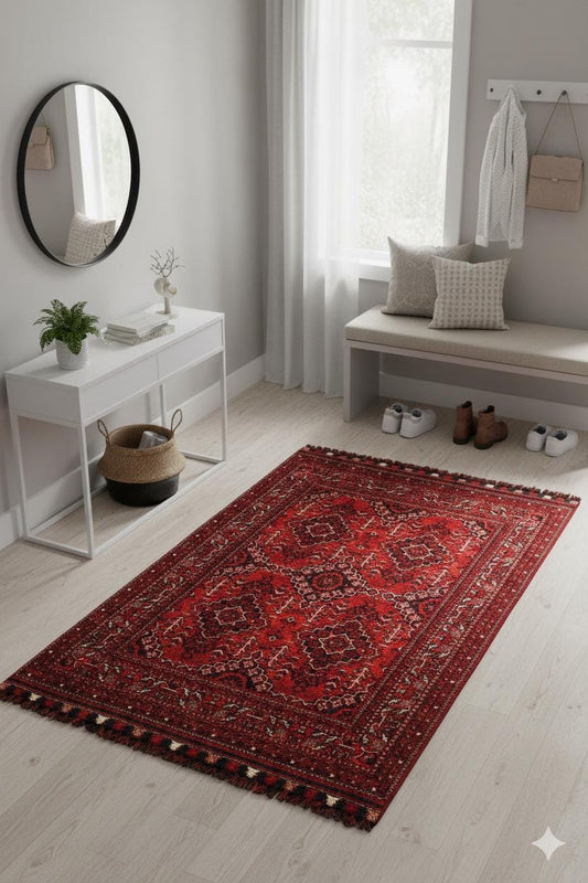 Red Afghan Rug: Washable Chenille Farmhouse Bohemian Rug (3.9 x 5.9 ft)