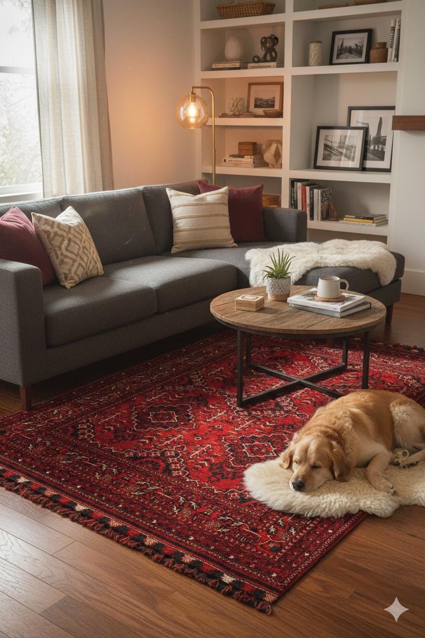 Red Afghan Rug: Washable Chenille Farmhouse Bohemian Rug (3.9 x 5.9 ft)