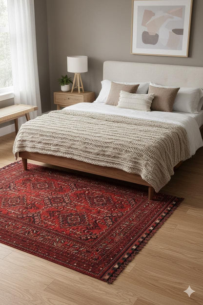 Red Afghan Rug: Washable Chenille Farmhouse Bohemian Rug (3.9 x 5.9 ft)