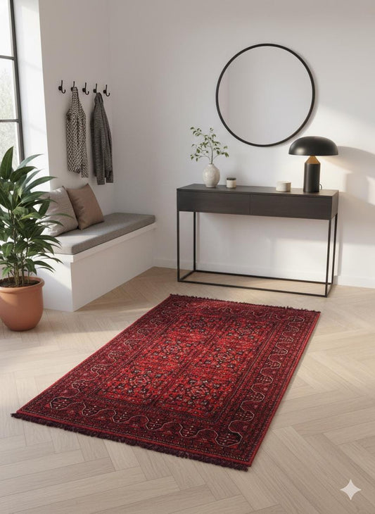 Red Afghan Rug: Traditional Bukhara Oriental Chenille Rug (3.9 x 5.9 FT)