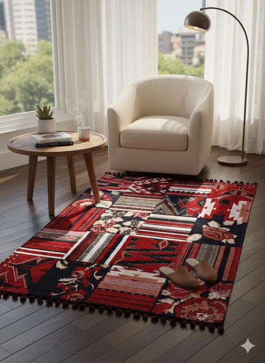 Red & Blue Oriental Afghan Rug: Vintage Farmhouse Decor (3.9 x 5.9 ft)