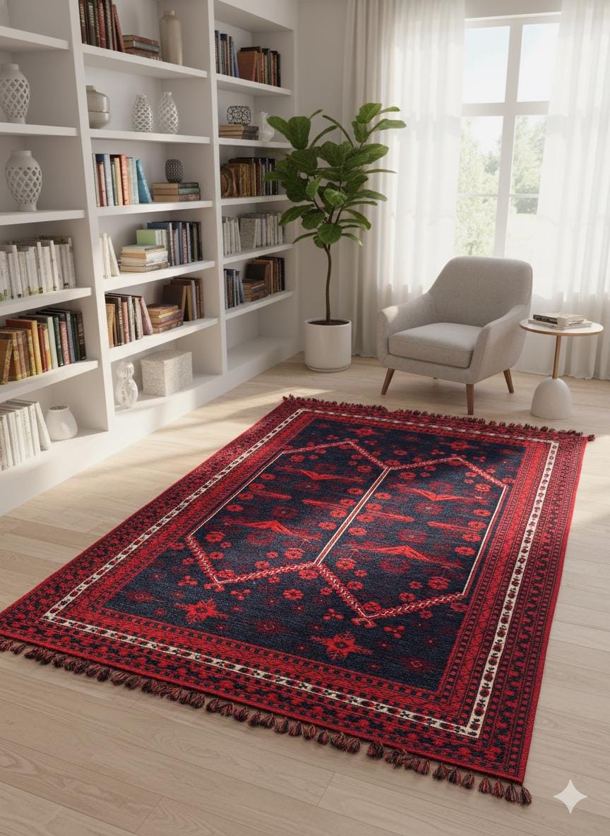 Red & Blue Afghan Rug: Washable Farmhouse Bohemian Decor (3.9 x 5.9 FT)
