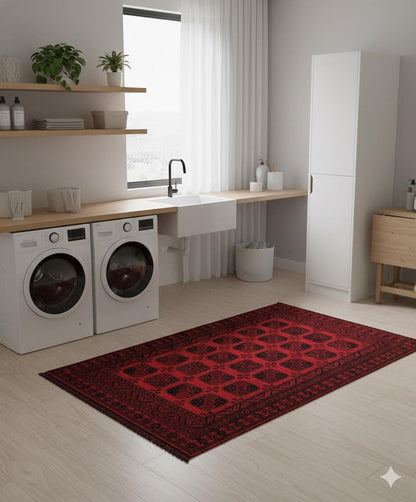 Red Oriental Afghan Rug: Washable Chenille Farmhouse Rug