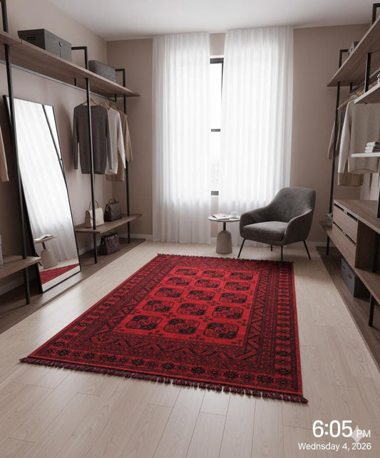 Red Oriental Afghan Rug: Washable Chenille Farmhouse Rug